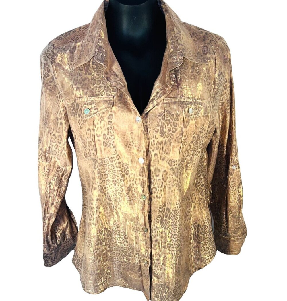 Ruby Rd. - Blouse Women's Size 8 Rose Gold Cheetah Button Up Shirt